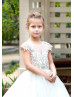 Cap Sleeves Gold Lace White Tulle V Back Flower Girl Dress